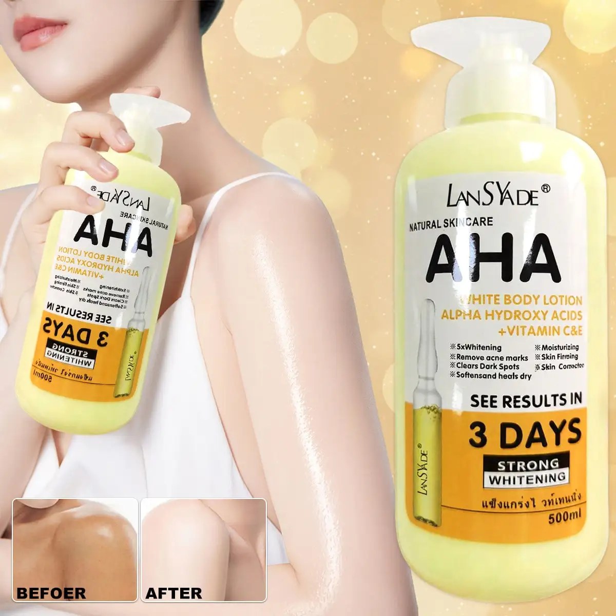 Body lotion brightens the complexion moisturizes and hydrates removes dark spots tightens the skin and repairs it