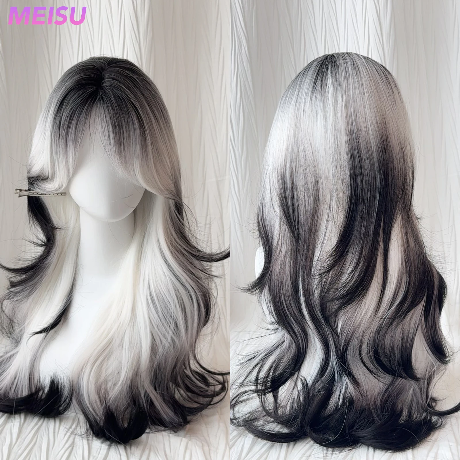 

MEISU 26 Inch Synthetic Wig Curly Wave Wig Black White Color Heat-Resistant Natural Smooth Hair Stylish Party Wigs For Women