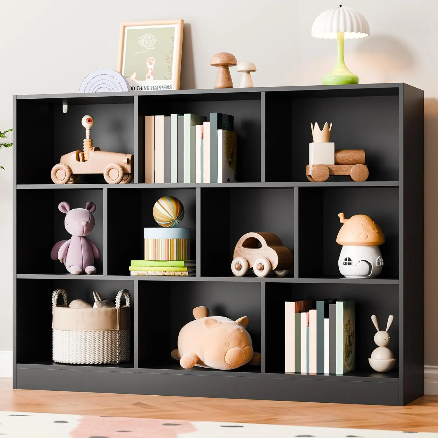 Estantería abierta negra de 3 niveles, organizador de almacenamiento de 10 cubos, estante horizontal independiente para dormitorio, sala de estar, oficina