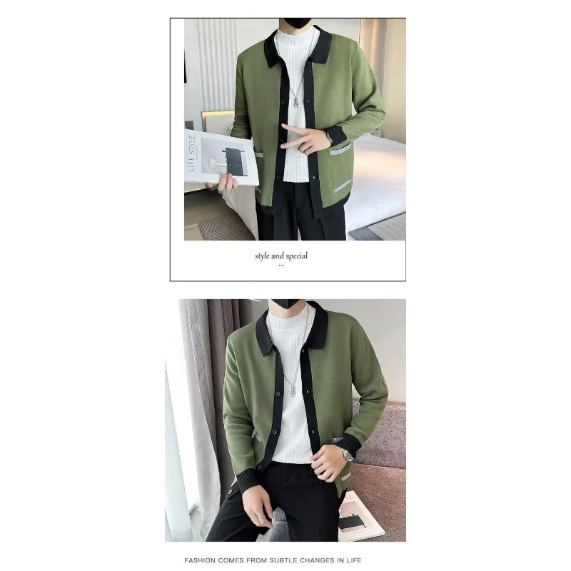 محبوك سترة الرجال سترة سترة الكورية نمط عارضة الخريف والشتاء التلبيب التباين بأكمام طويلة #5