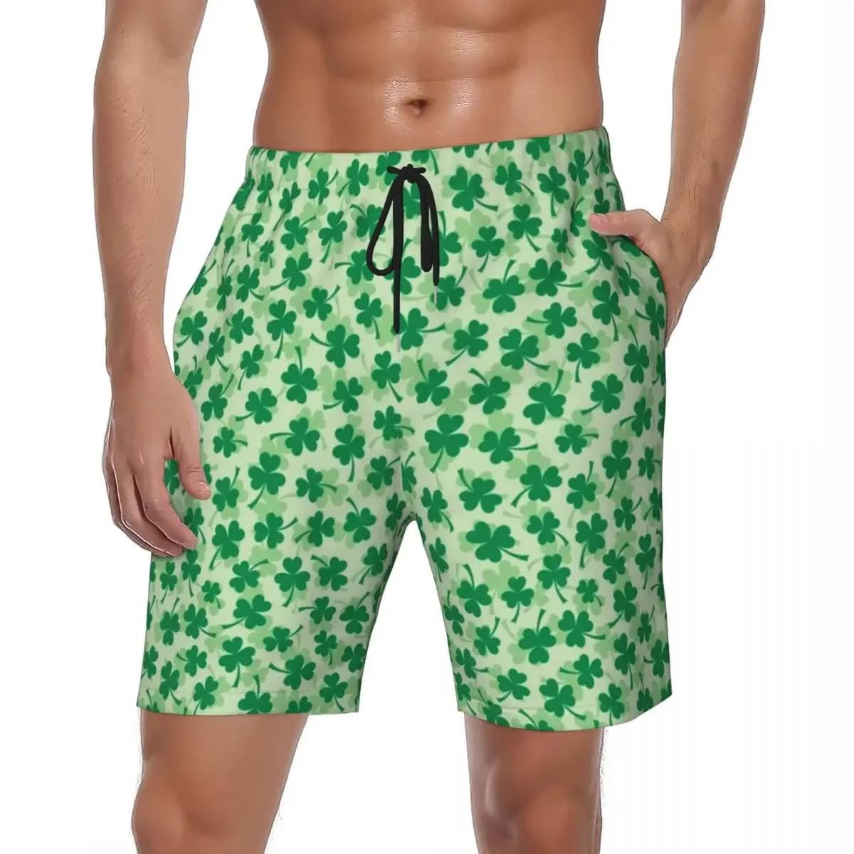 

Green St Patricks Day Board Shorts Summer Three Leaf Print Sports Beach Shorts Men's Vintage Graphic Plus Size Swimming Trunks