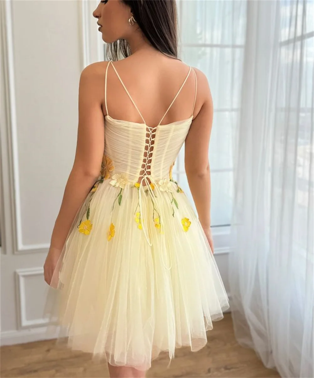 Cathy Yellow Flower Appliques Prom Dresses Spaghetti Strap Tulle Mini فساتين السهرة Lace-up Back Sweet vestidos verano moda 2024