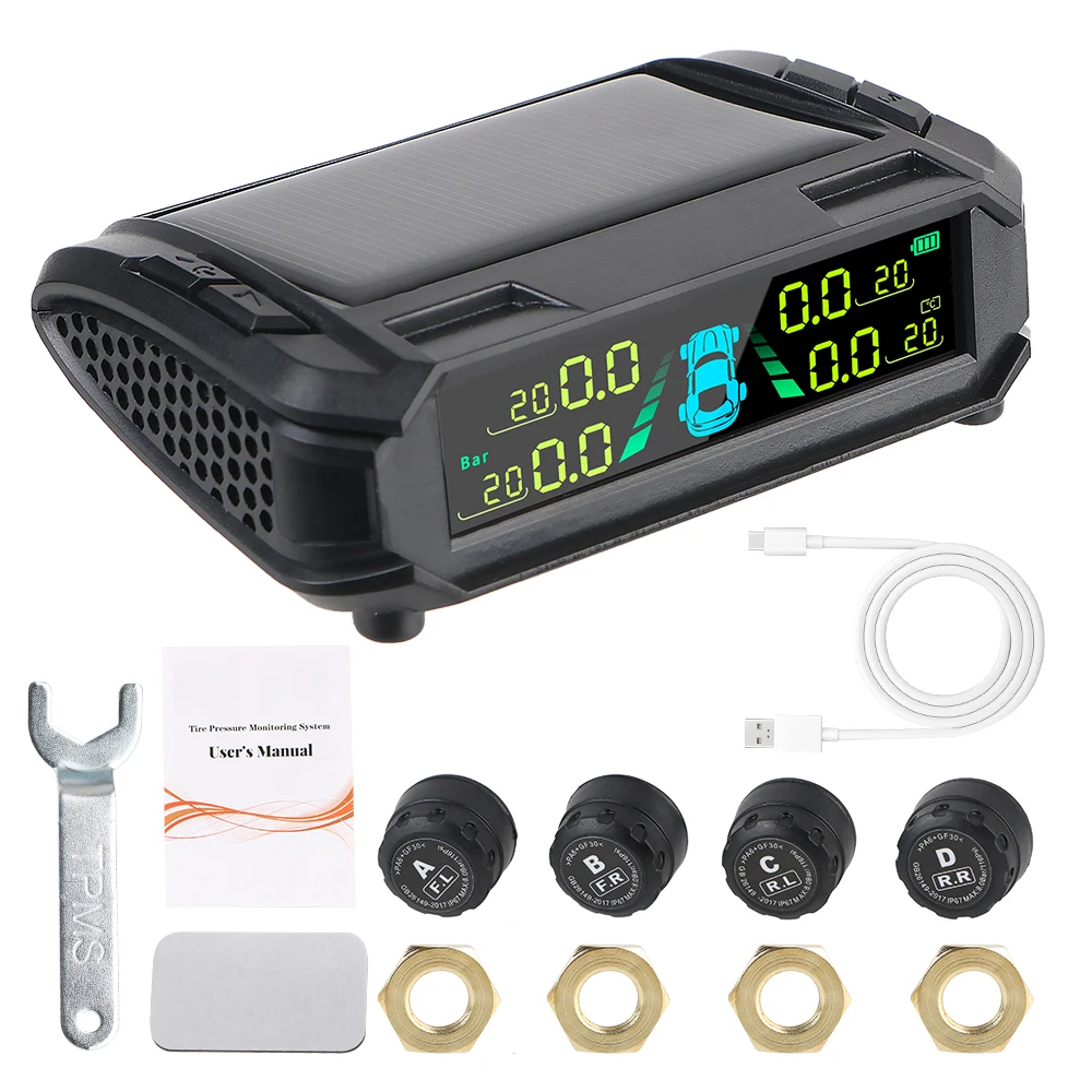 

Car Tire Pressure Monitoring System Digital LCD Display Auto Security Alarm Systems USB / Solar TPMS Tyre Temperature Monitor