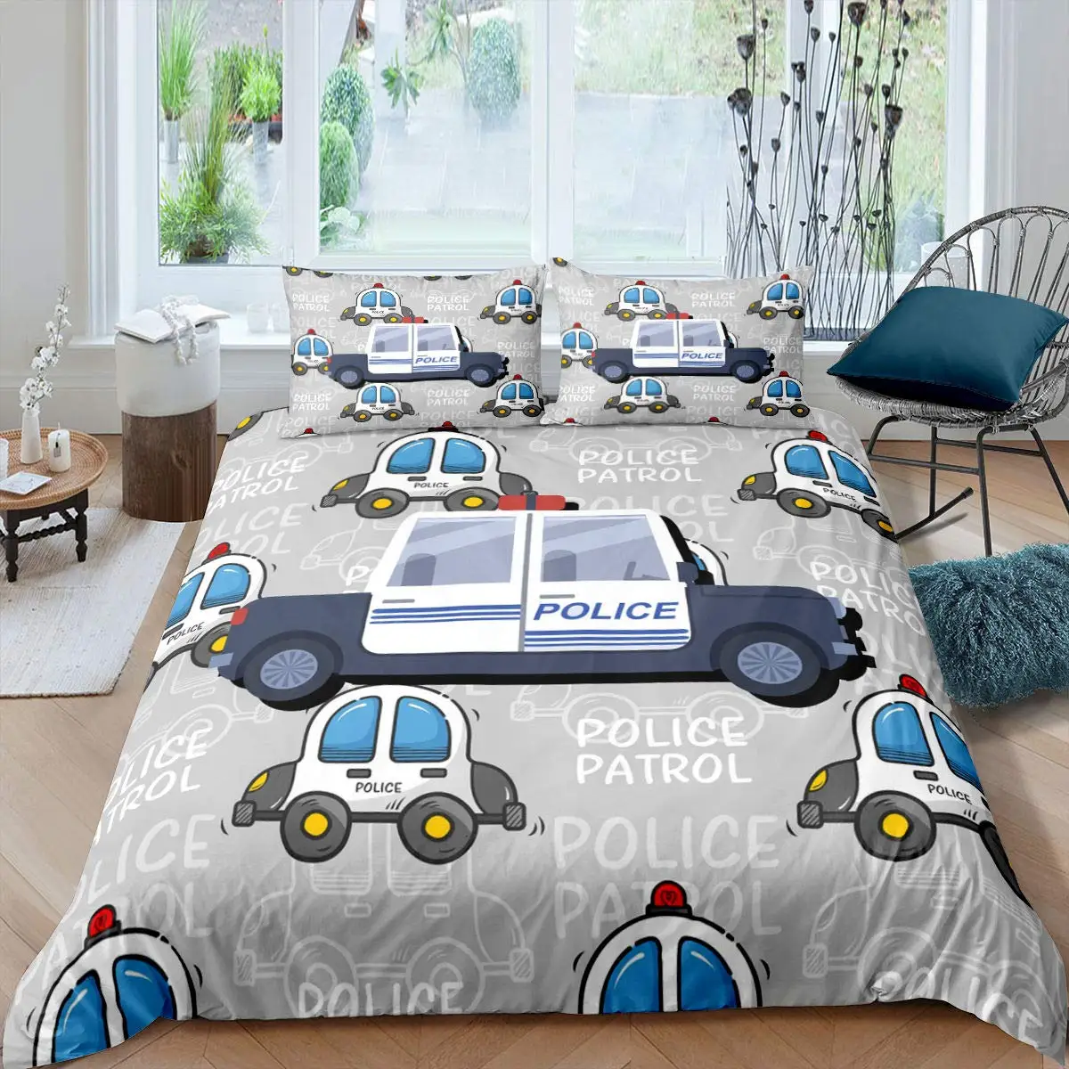 Childs Police Car Boys Cartoon Car Duvet Cover Emergency Responder Vehicles Duvet Cover for Girls Blue Grey Bedroom Decorations