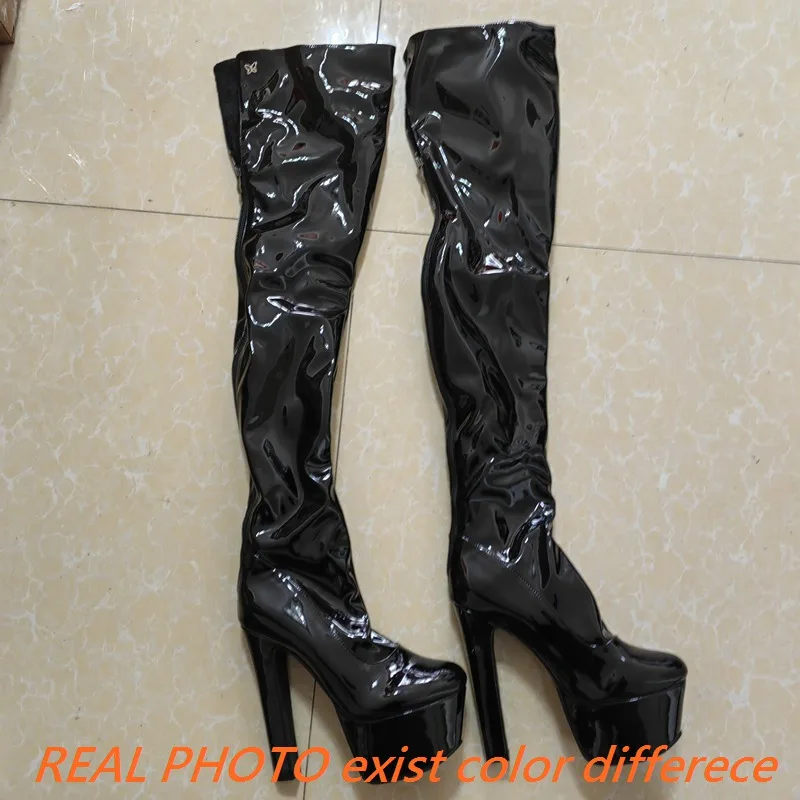 SIMLOVEYO Faux Leather Thigh High Boots High 16.5cm Chunky Heels 6cm Platform Big Size 45 46 Party Women Bota