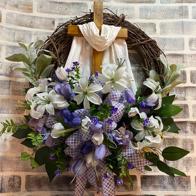 Wreath, Rustic Country Cross Wall Decoration, Religious Faith Front Door Hanger, Birthday Present shop Idea, Unique Wedding Gift Idea for Her