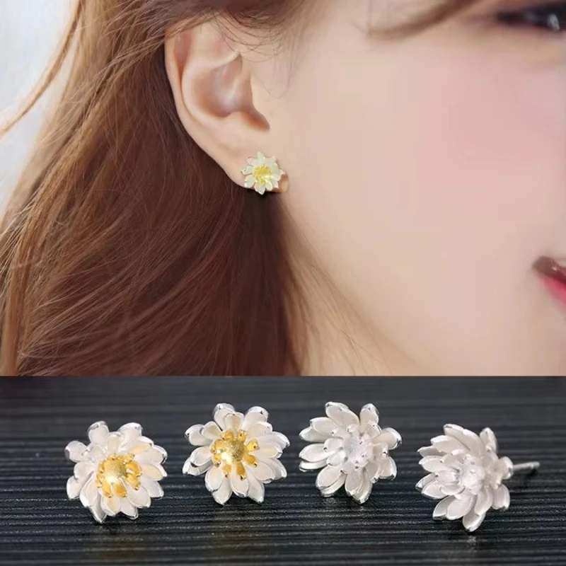 Prawdziwe 925 Sterling srebrne z kwiatem lotosu kolczyki dla kobiet dziewczyn prezent Hot moda sterling-srebrny-biżuteria kobiet kolczyki — zdjęcie 5