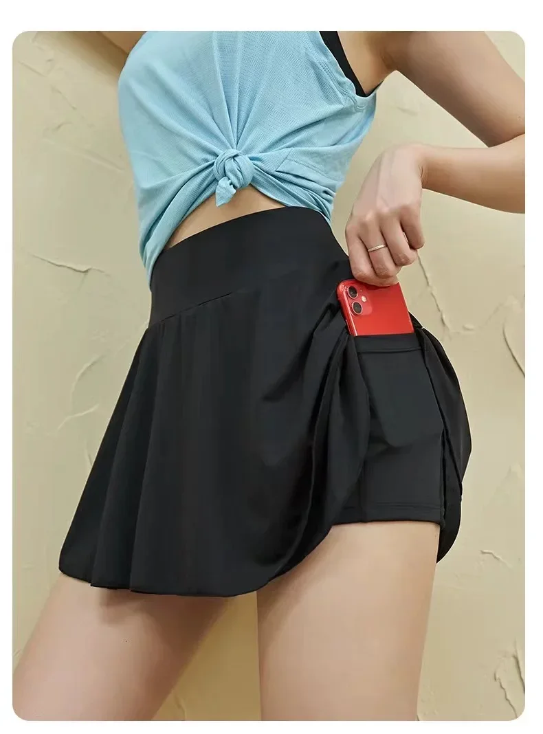 Women's Summer Nude Cool Sports Short Skirt Yoga Fitness Anti-Walking Lightweight with Pocket Fake Two Skirt