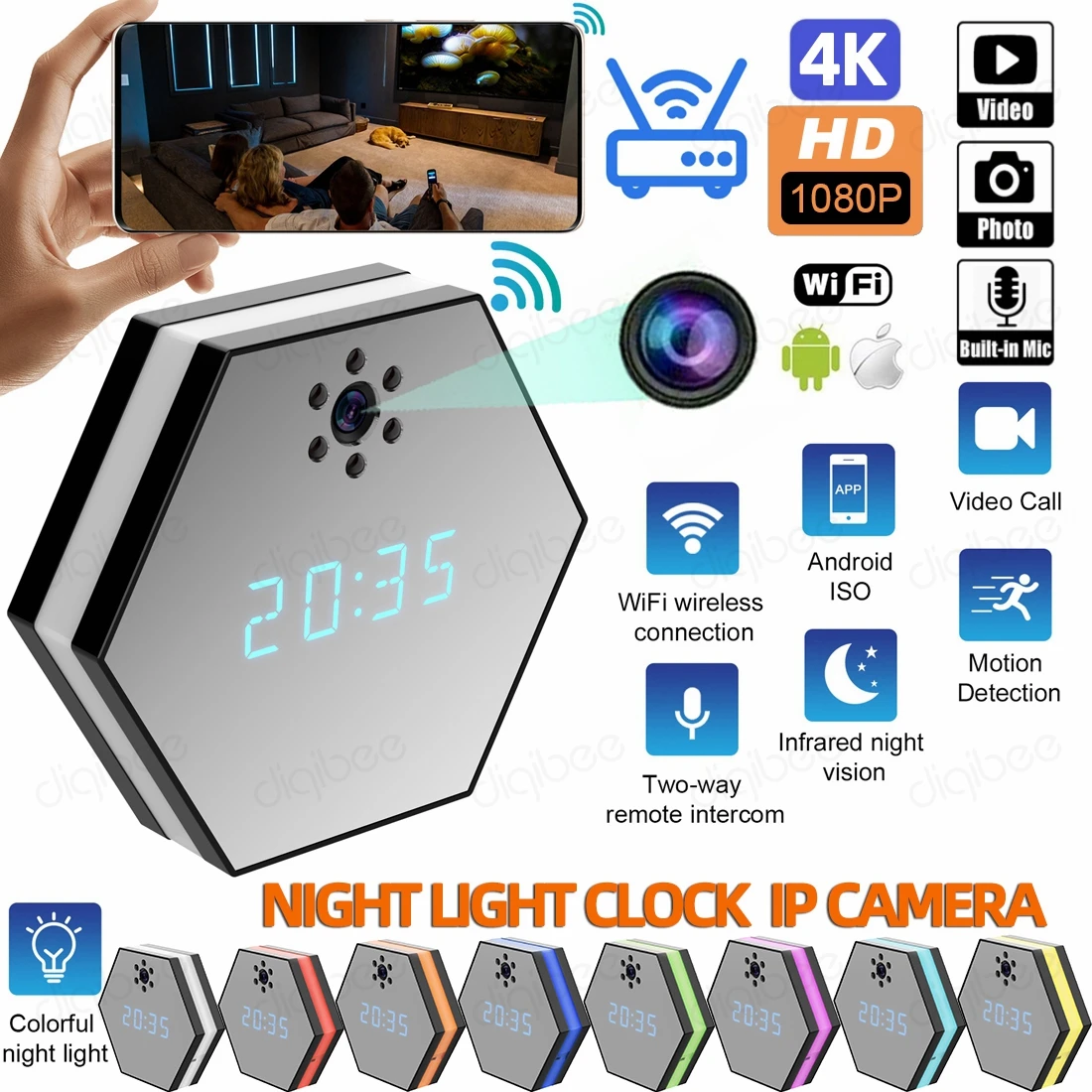 

Infrared Night Vision 4K HD 1080P Smart Home Surveillance Wireless Network WiFi IP Camera LED Colorful Night Light Desktop Clock