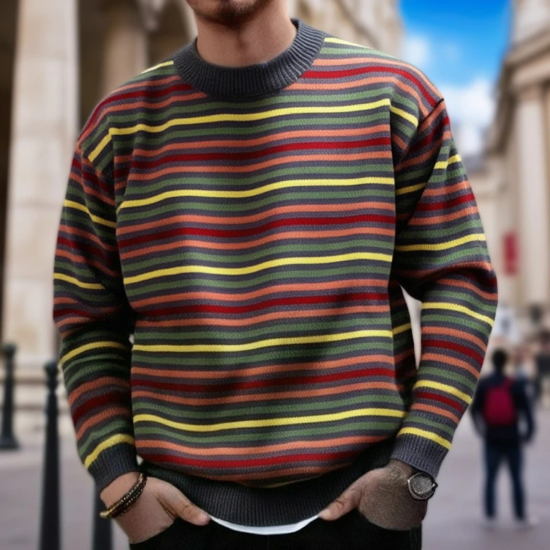 

Independent Station Men's Rainbow Stripe Knitted Sweater Autumn and Winter Crew Neck Thickened Pullover Sweater Temperament