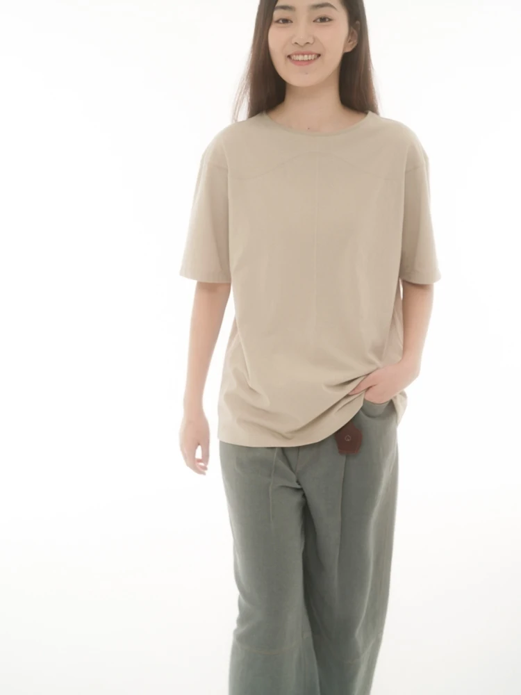 

Zhaolong Ranzhi T-irt Apricot Color Blo Arc Splicing Women's ort Sve Cotton round Ne Casual Summer Top