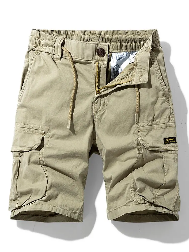 Men's Summer Solid Cotton Cargo Shorts Elastic Drawstring Waist Multi Pockets Breathable Casual Outdoor Shorts