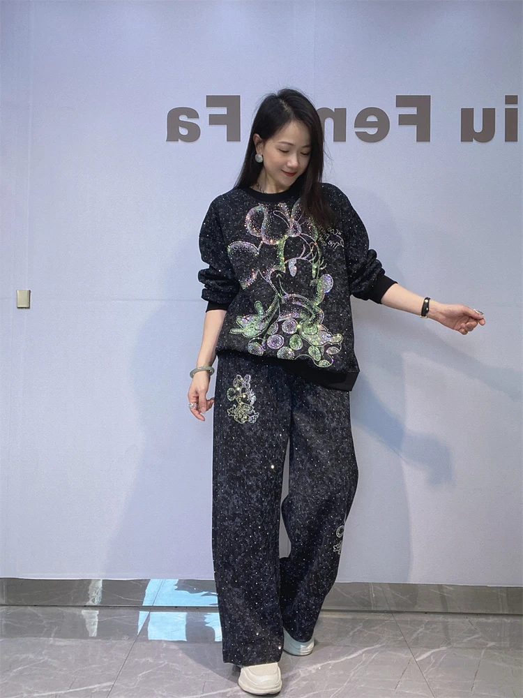 

Tie Dye Hoodie Long Sleeve round Neck Casual Set Women's Autumn Winter New Straight Leg Pants Outdoor Two Piece Set Fashion