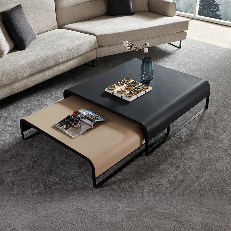 

Luxury Italian Style Carbon Steel Frame Leather Countertop Coffee Tables Home Living Room Furniture Side Table Combination Set