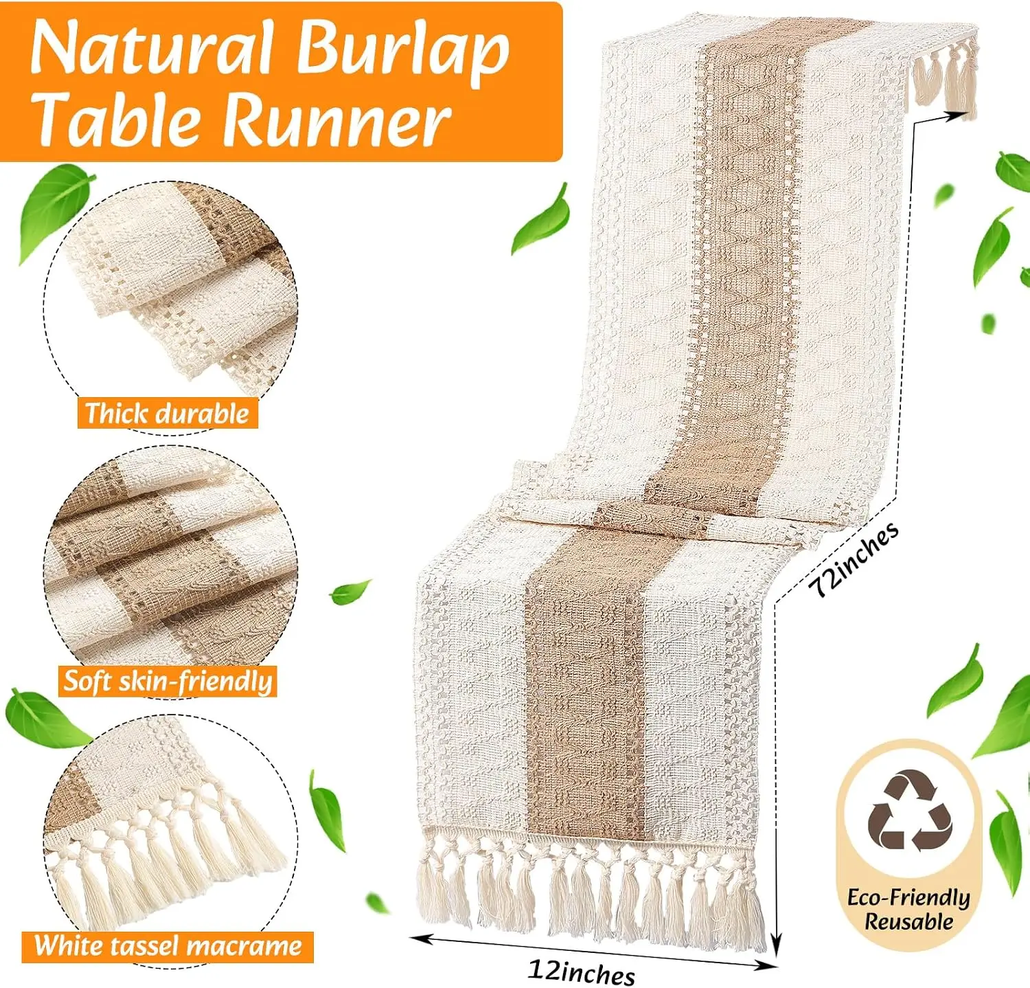 6Pcs Boho Placemat Set: Round Woven, Cloth Napkins, Wood Bead Rings, Long Table Runner, Khaki view 4