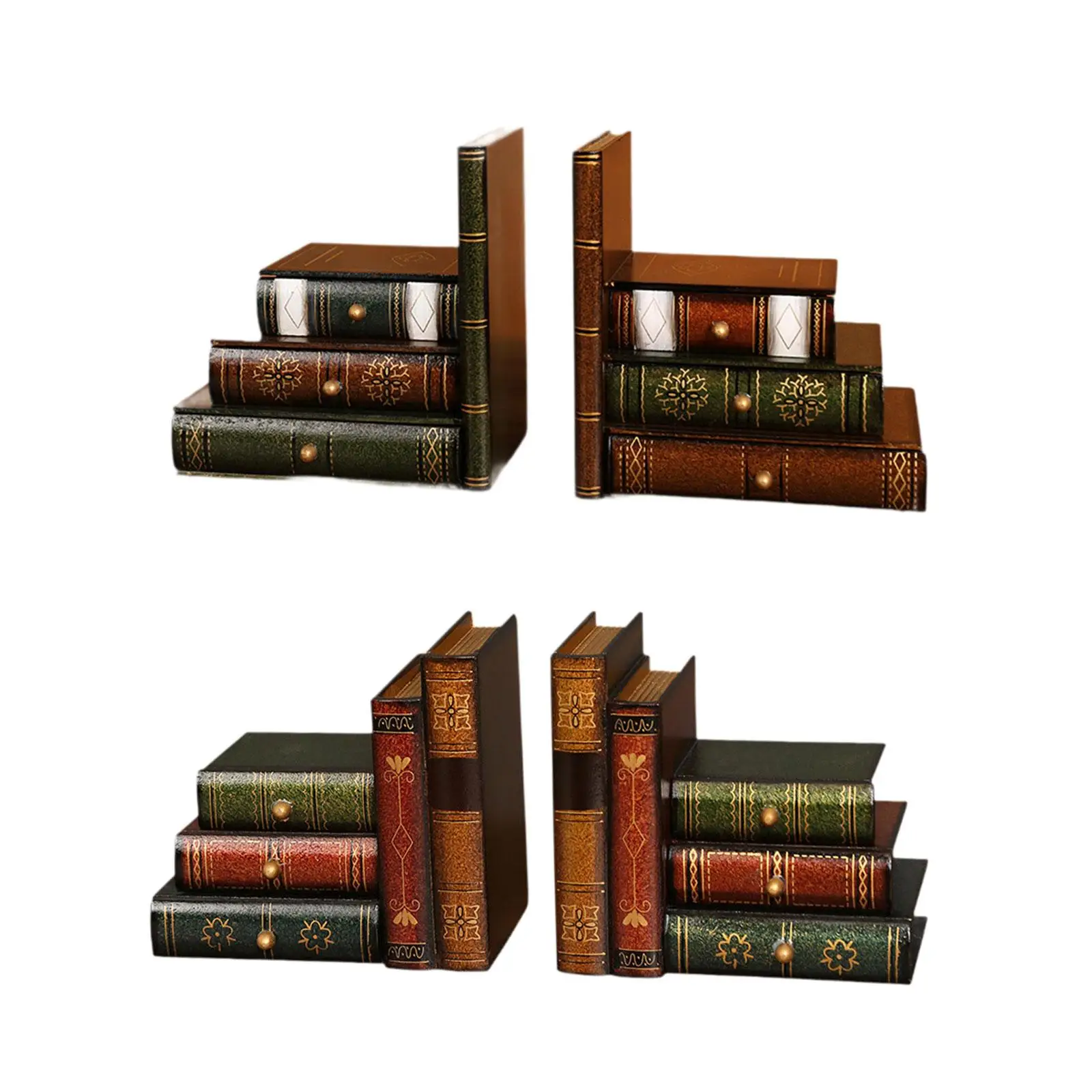 2x Fake Book Ornament Bookends European Style Wooden Book Supports Book Holders for Shelf Desktop Office School Living Room