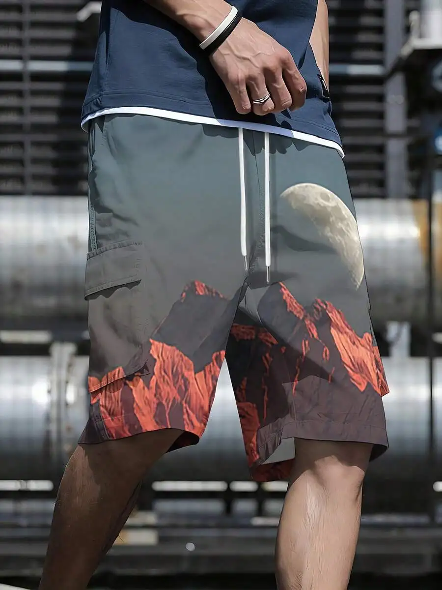 

Mens Gray Red Moon Mountain Print Cargo Shorts With Drawstring And Pocket