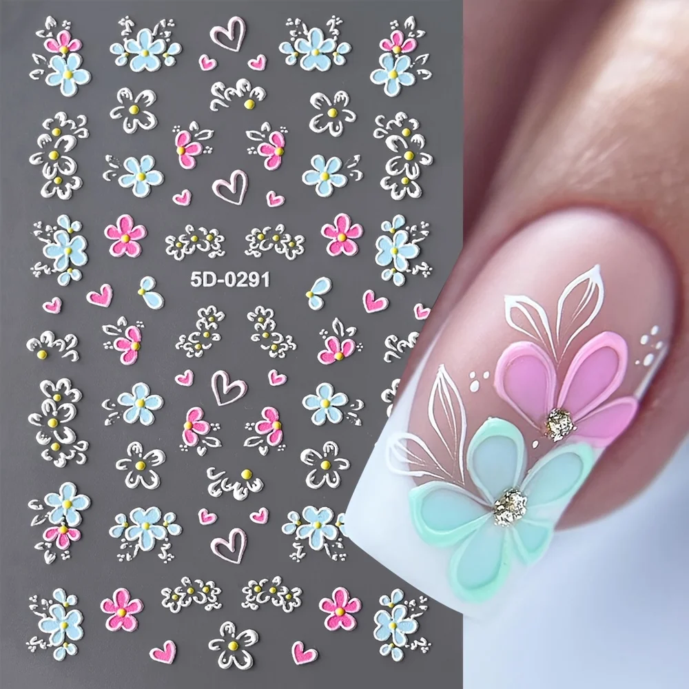 

1PC 5D Floral Nail Stickers, Pink Blue Flower Butterfly Heart French Line, Spring Acrylic Decals Slider for Manicure Gift