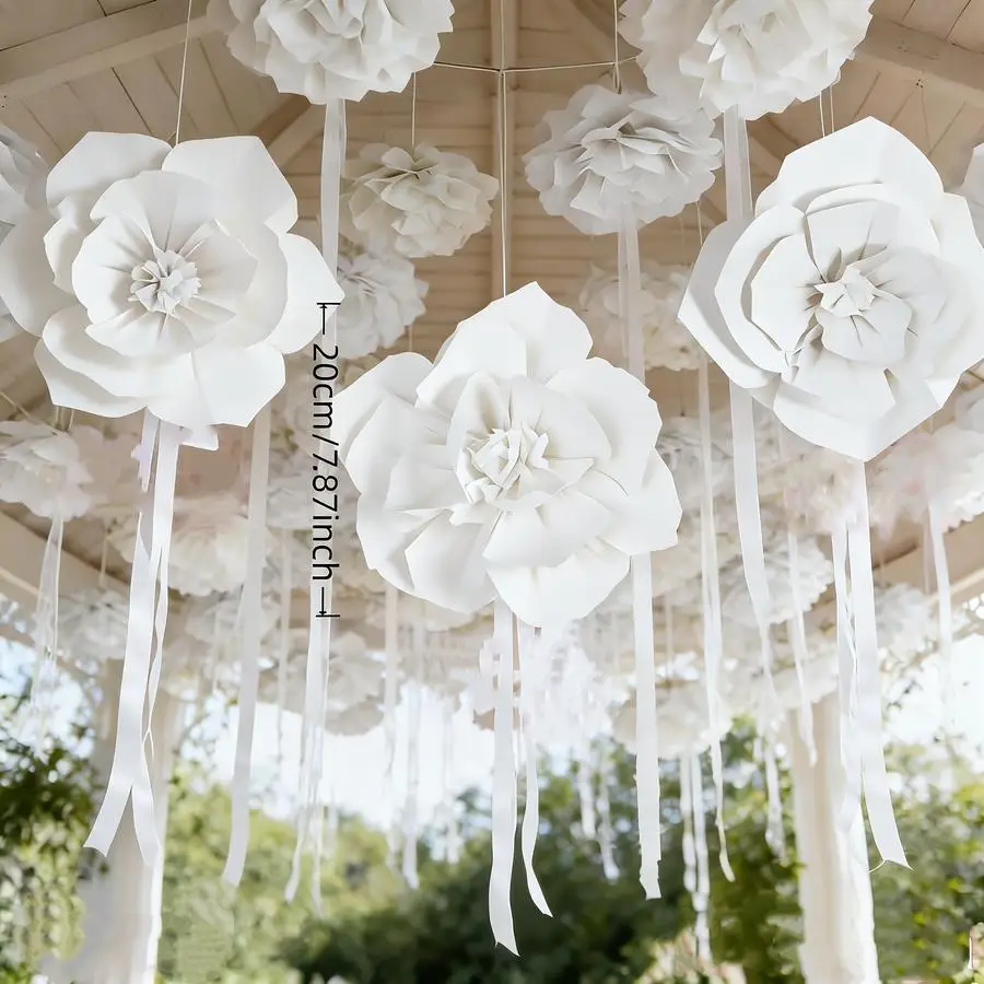 1/5/10/20/50/100pcs Wedding Theme White Paper Flower Decorations, Wedding Decor Ruffled Paper Flowers, Bridal Room Decoration Pa