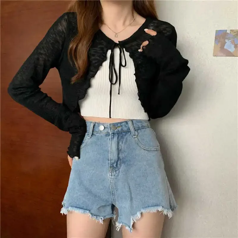 Jackets Women Summer New See Through Lace-up Cropped Girls Kawaii Solid V-neck Elegant Leisure Slouchy Korean Sun-proof Cozy Ins