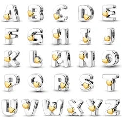 New 925 Sterling Silver Classic Golden Heart 26 Alphabet Letters Charms Beads Fit Qikaola Bracelets Lucky Birthday DIY Jewelry
