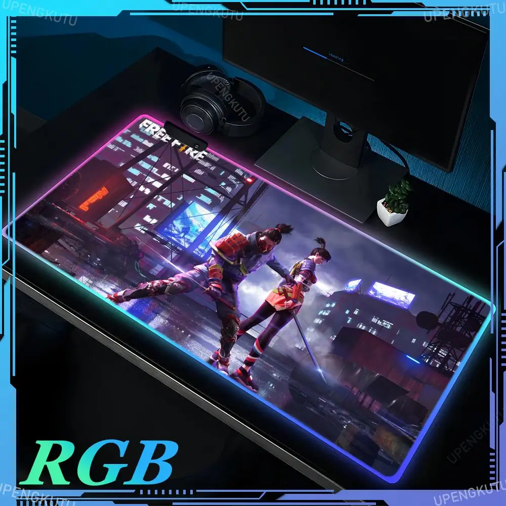 RGB F_Free F_Fire Anime XXL MousePad LED Large Table Mat Cute Game Accessories Game Keyboard Pad Rubber Luminous HD Mouse Pad