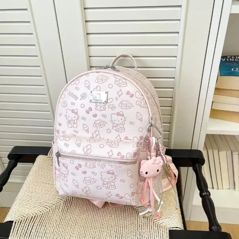 

Sanrio Hello Kitty Pink Pu Embossing Double Zipper Head Adjustable Shoulder Strap Large Capacity Shoulders Backpack Schoolbag