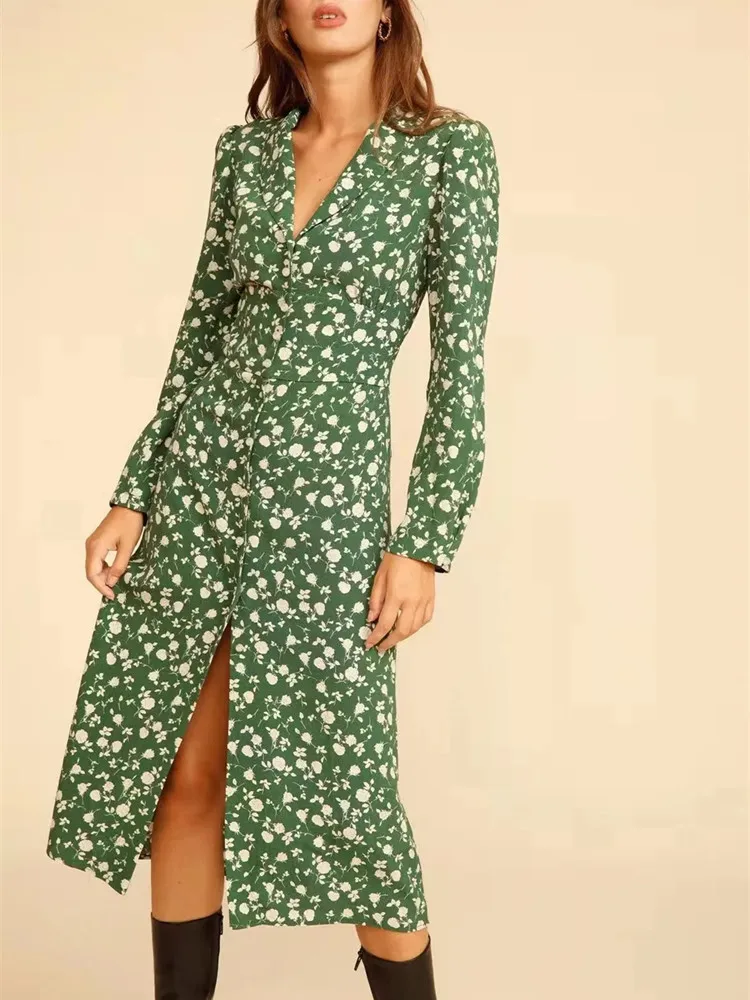 

Ladies Slit Robe Summer New 2024 Single Breasted Fresh Jasmine Print Long Sleeve Women 100% Viscose Midi Dress