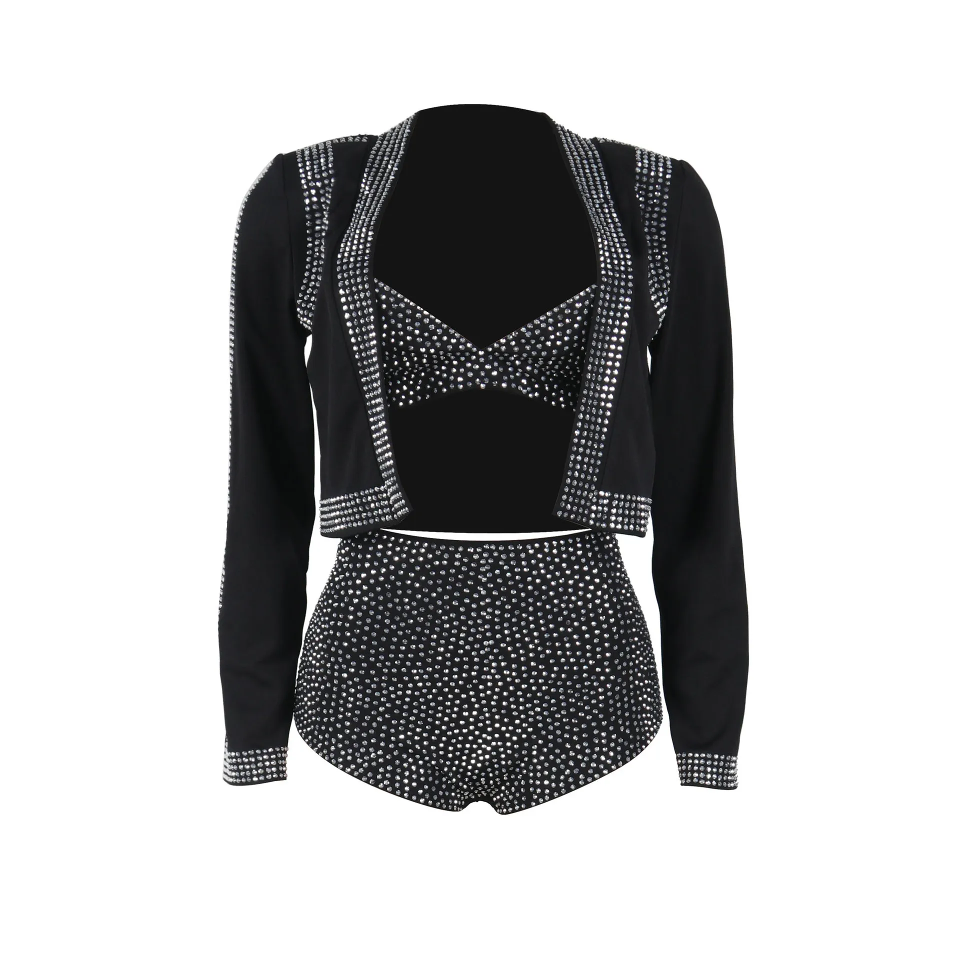 Rhinestone Coats Sexy 2 Piece Pant Set Outfit 2025 Women Luxury Clothes Jacket Club Wear Cropped Coats Two Piece Set Shorts Pant