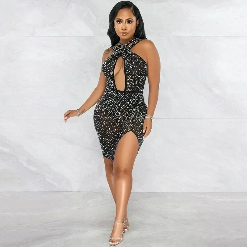 GUWU – robe de soirée courte croisée en maille transparente scintillante, couleur chair, strass, été, pour femmes, découpée, cristal, tenue de soirée, boîte de nuit