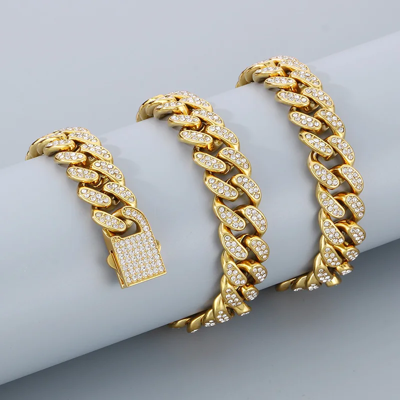 Stainless Steel Cuban Chain Bracelet Necklace for Men Women Shiny Full Rhinestone Jewelry Sets 18K Gold Color Charms Accessories