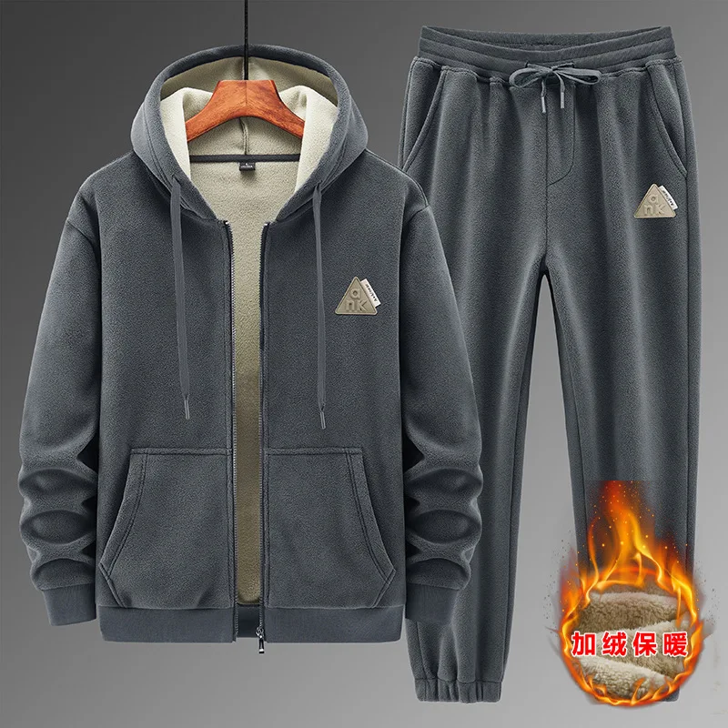 Winter new fleece thickened thermal suit men\'s lamb fleece hooded sweater cotton pants casual sports clothes ropa hombre