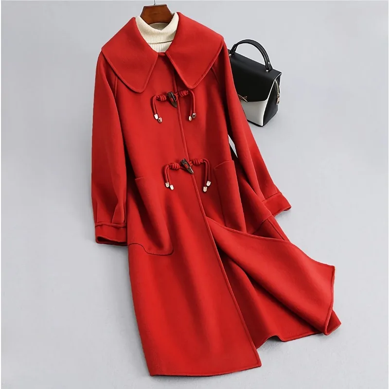 

2023 Winter New Women Fashion Solid Color Horn Button Wool Overcoat Female Doll Collar Mid-Length Double-Sided Cashmere Outwear