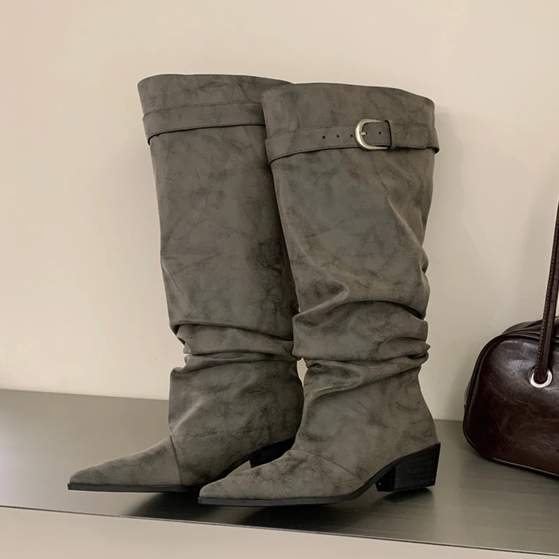 Aneikeh Vintage Western Cowboy Women Knee High Slouch Boots Pointed Toe Metal Buckle Low Heel Faux Leather Stacked Tall Boots