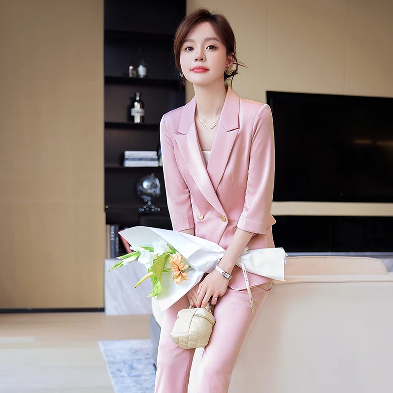 NAVIU Navy Blue Pink White Ladies Formal Pants Suit Women Jacket and Trouser Female Business Work Wear 2 Picec Blazer Set New