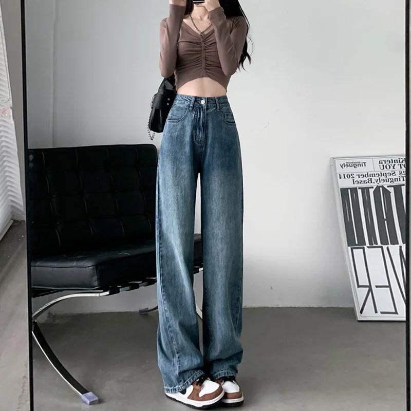 

Autumn Winter Casual Fashion Wide Leg Insulated Jeans High Waisted Pants Denim Trousers Classic Retro Blue Baggy Z233