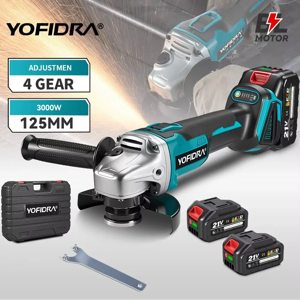YOFIDRA 125mm Bezszczotkowa Szlifierka Kątowa 4 Biegi Akumulatorowa Maszyna do Szlifowania Cięcia Drewna Do Akumulatorów Makita 18V-21V