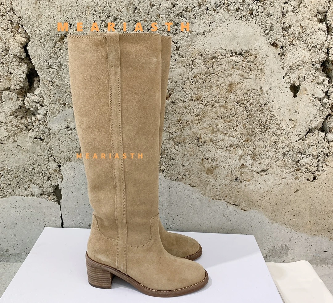 

2026 New women's natural suede leather thick med heel roued toe slip-on autumn knee high boots elegant ladies long boots size 44