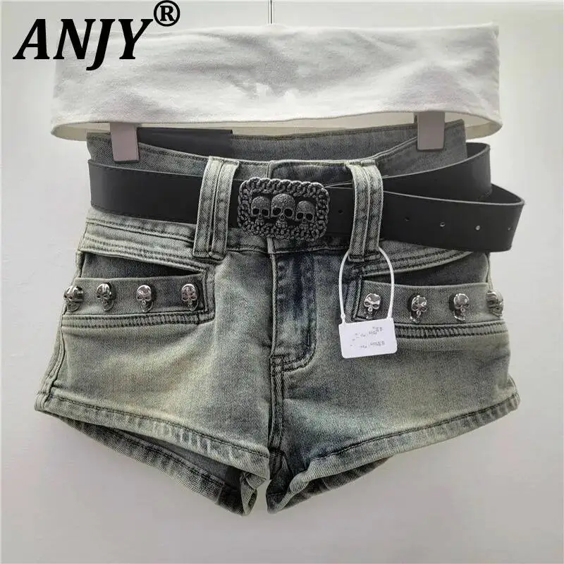 

ANJY Summer New Women Moto Biker Style Y2K Skull Decoration Sashes Hot Pants Sexy Bomber Wrap Hip Ins A-line Denim Shorts A24533
