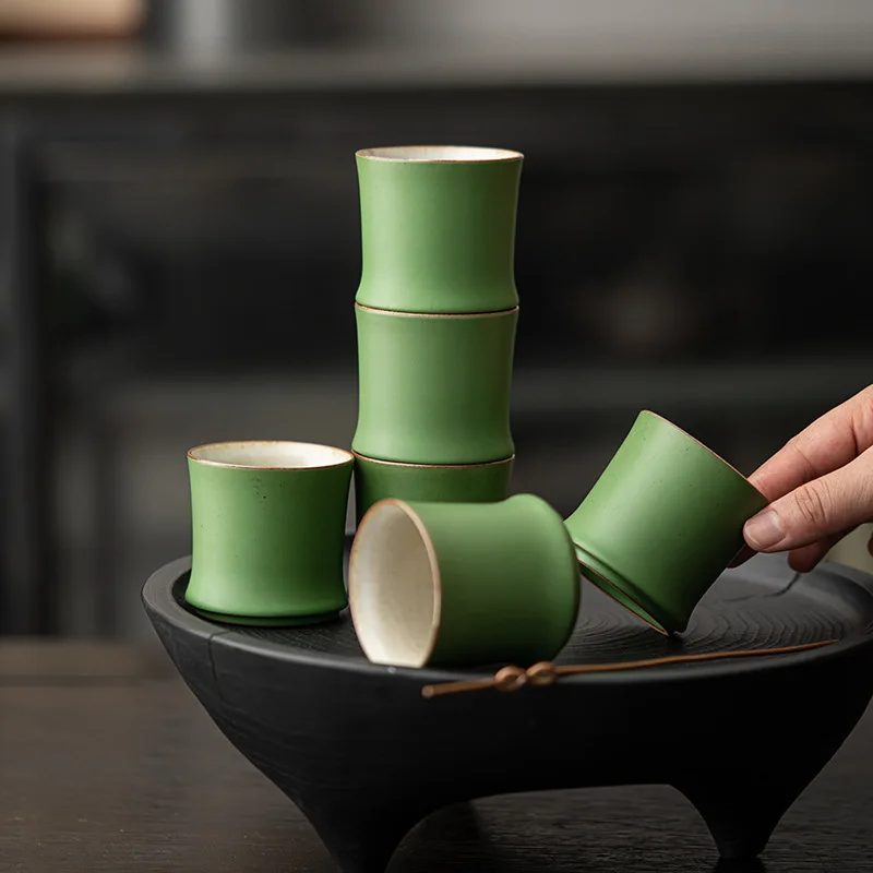 Ceramic Bamboo Joint Shaped Tea Cup for Tea Coffee Water Oriental Household Desktop Beverage Container Tea Room Decor