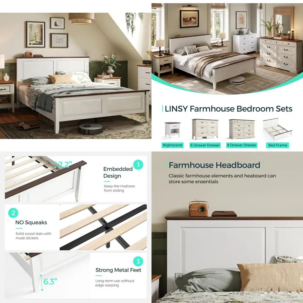 

Full Size Farmhouse Wood Bed Frame with High Footboard and Headboard, Easy Assembly, Noise-Free