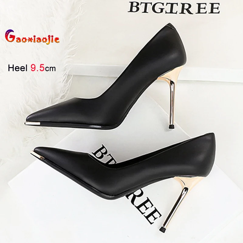 

Новинка 2023 года, женские туфли-лодочки на каблуке 9,5 см с металлическим острым носком, свадебные туфли на тонком высоком каблуке, роскошные черные женские туфли на шпильке из лакированной кожи