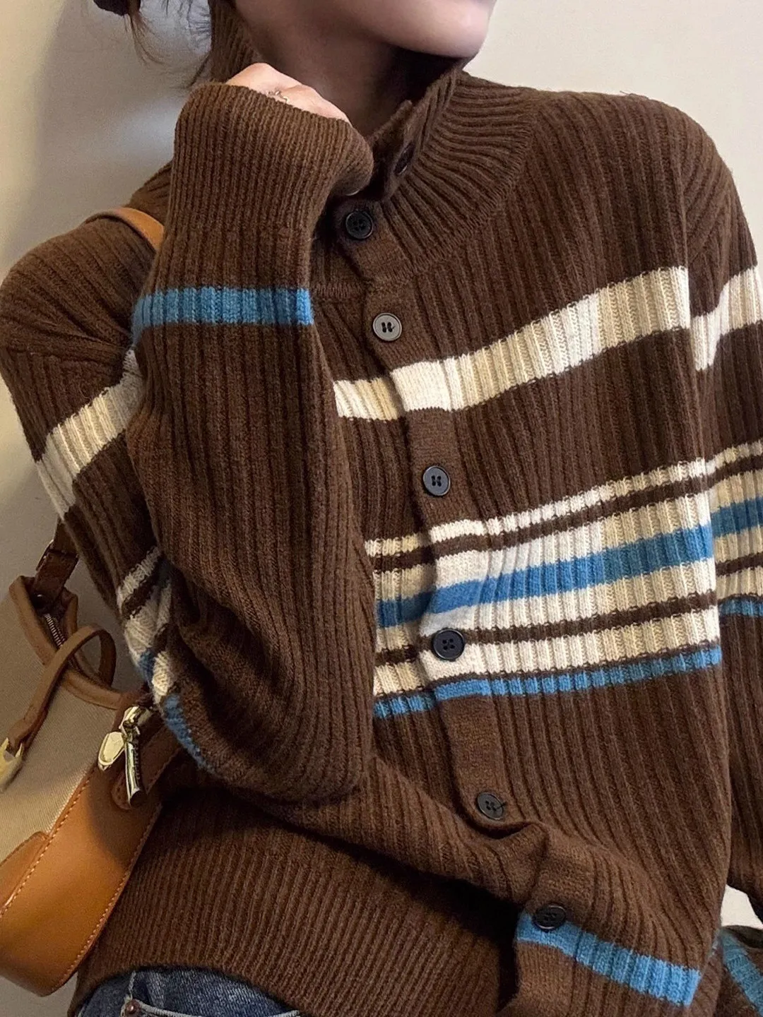 

Retro Striped High Collar Open Cardigan Women's Loose Fit Autumn Winter New Sle Lazy Faion Versatile Slimming Outerwear Top