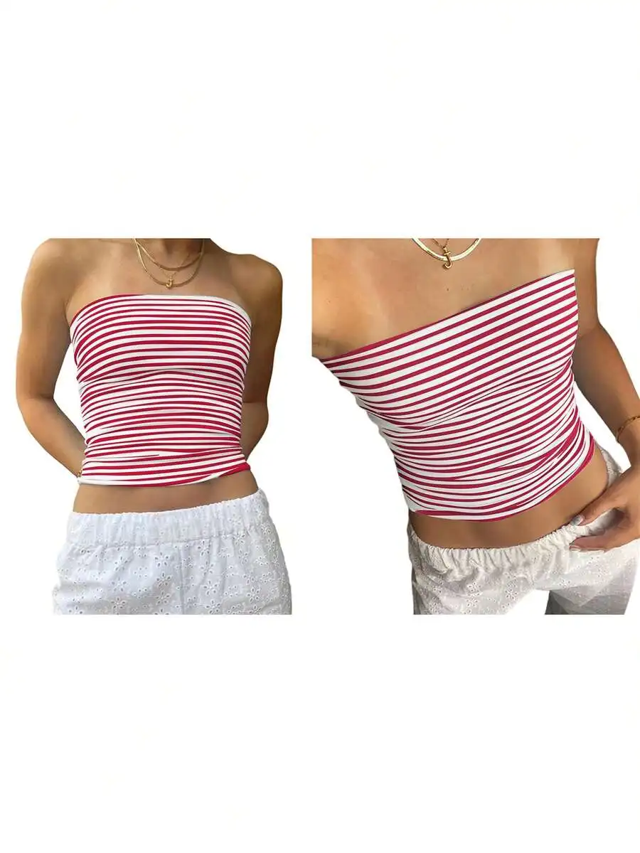 

Women Strapless Striped Bandeau Tube Top Sleeveless Backless Crop Tank Summer