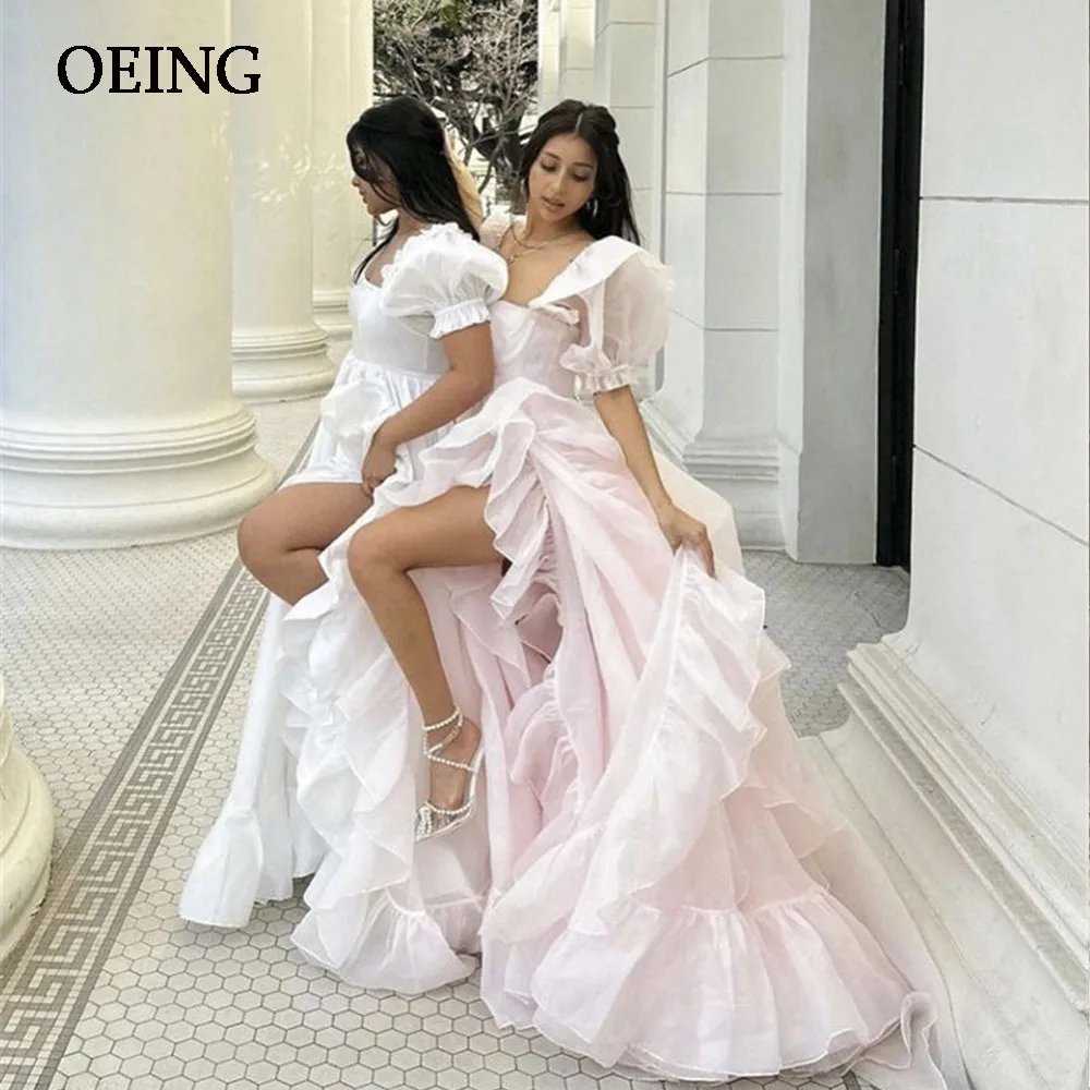 OEING-Tulle Puff mangas Prom Dresses, vestidos de noite plissados, até o chão, vestido formal Ocasião