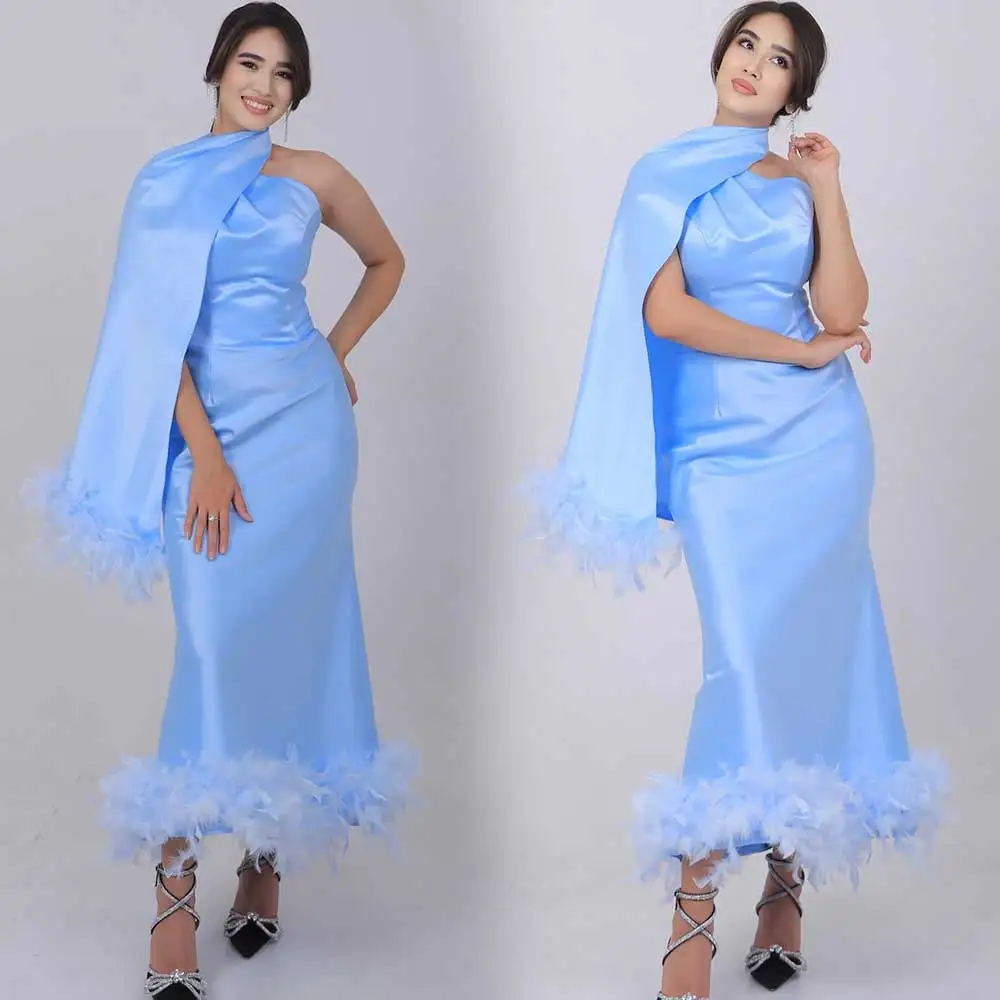 

Classic Short Prom Gown Single Shoulder Sheath With Feather Draped Women's Satin Temperament Tea-Length Party Evening Dress