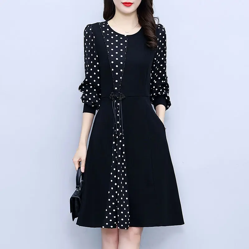 

Spring Autumn Spliced Midi Dress A-Line Asymmetrical Women's Clothing Stylish Chinese Disc Buckle Commute Long Sleeve Dresses