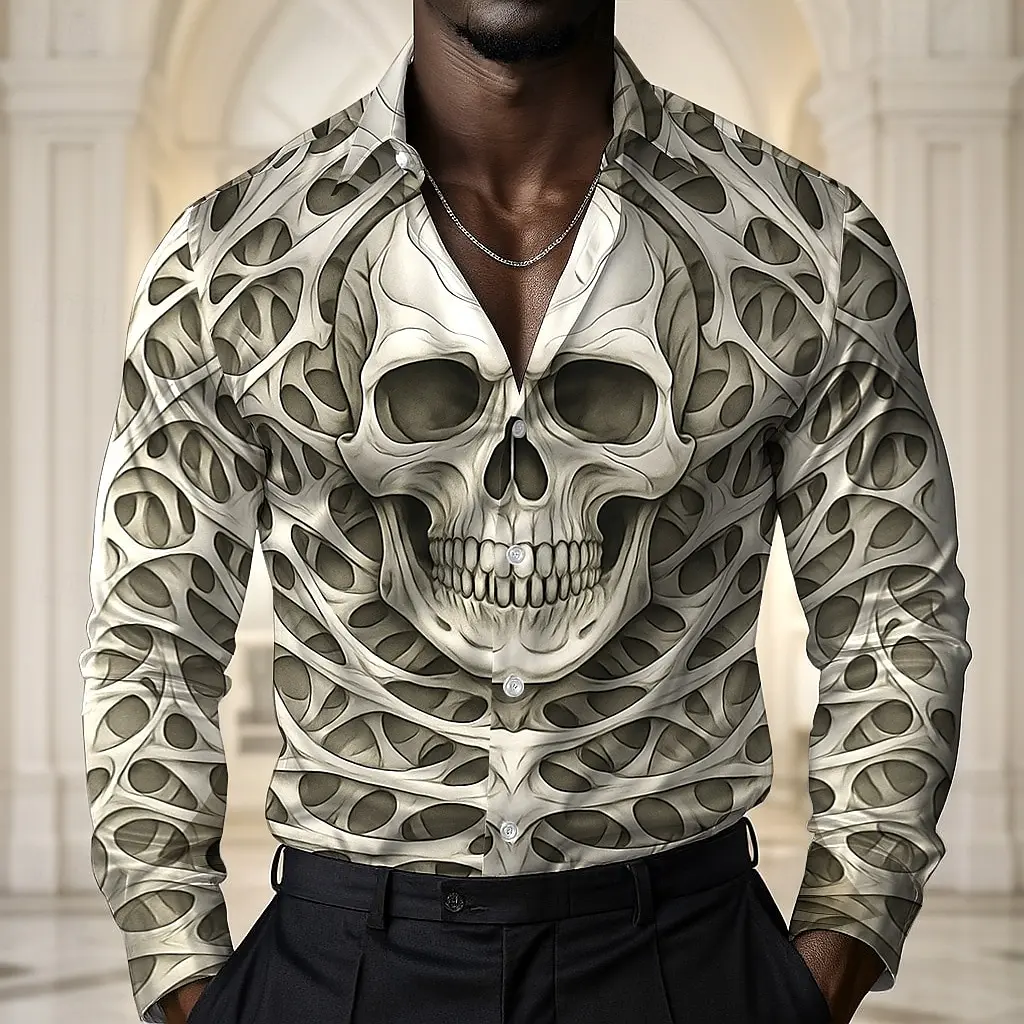 Men's Skull Halloween Costumes Shirt  Long Sleeve Dark Gothic Style Holiday Summer Spring Fall Turndown 3D Print Button Up Shirt