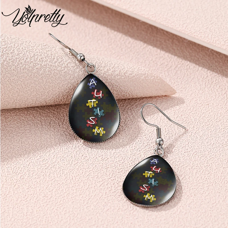 2023 New Arrival Autism Awareness Teardrop Hoop Earrings Dangle Hook Glass Cabochon Stainless Steel Earrings Jewelry