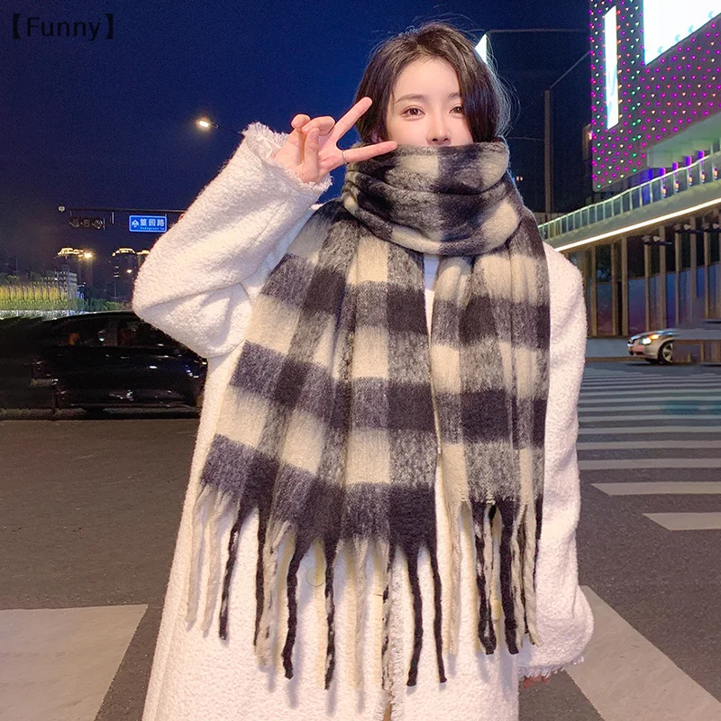 maveraFunny vauasPlaid Cachecol Feminino Inverno Novo Estilo Quente Versátil Xale High-end Imitação de Cashmere Lenço de Pescoço Grosso Versão Grande